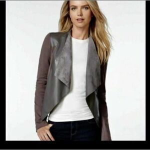 Edyson Gray Faux Leather and Knit Open Front Moto Jacket Size Large‎